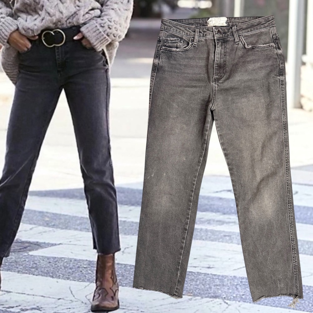 Free People Girlfriend Jeans High Rise Raw Hem Washed Black 29